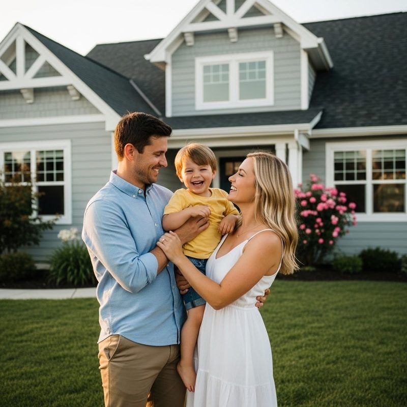 Happy family in front of their home